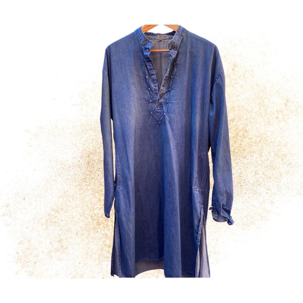 Splash Denim Long Tunic Top w Mandarin collar and pin tuck buttoned neckline XXL